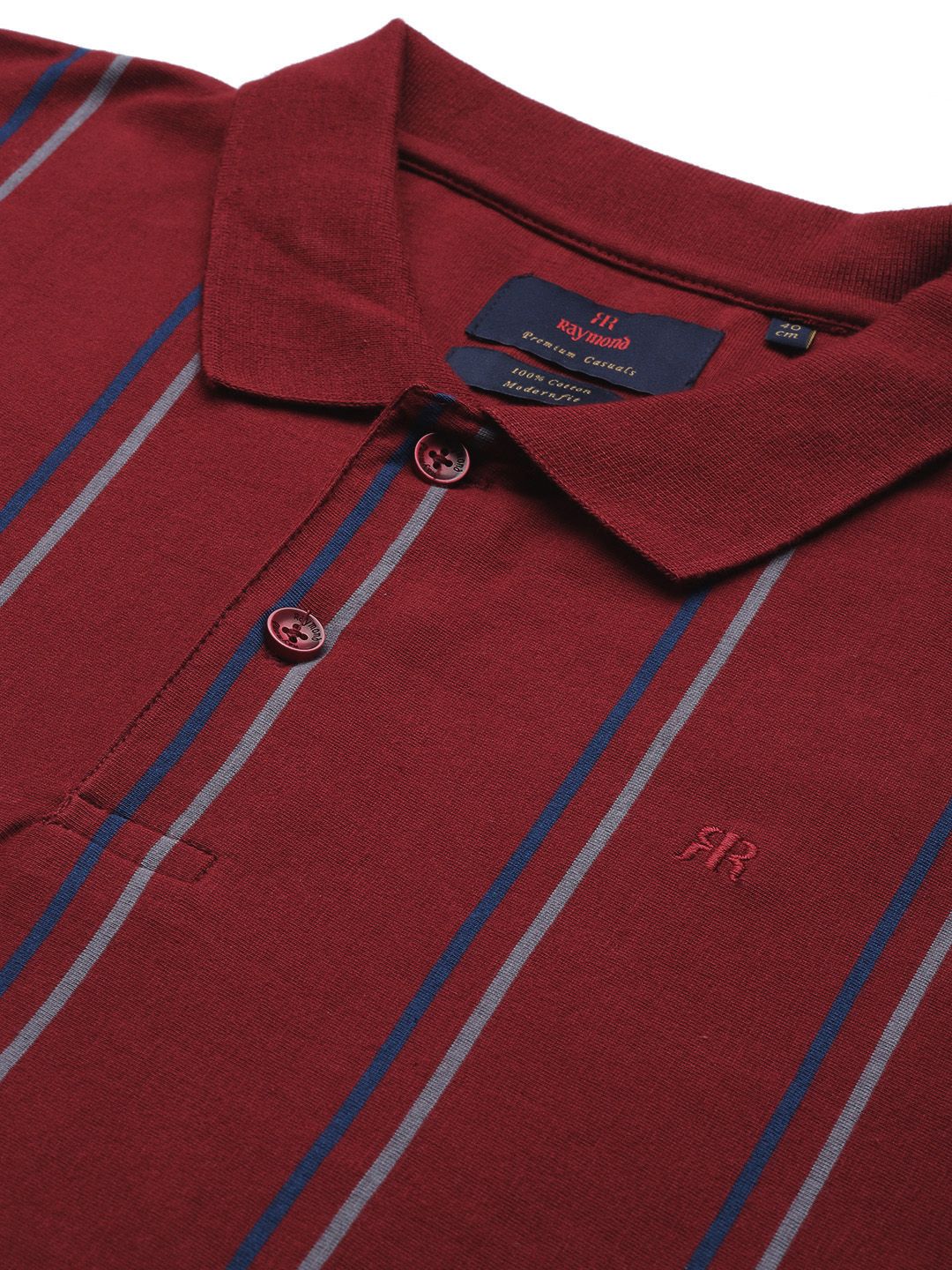 Raymond Men Maroon & Navy Blue Striped Polo Collar Pure Cotton T-shirt