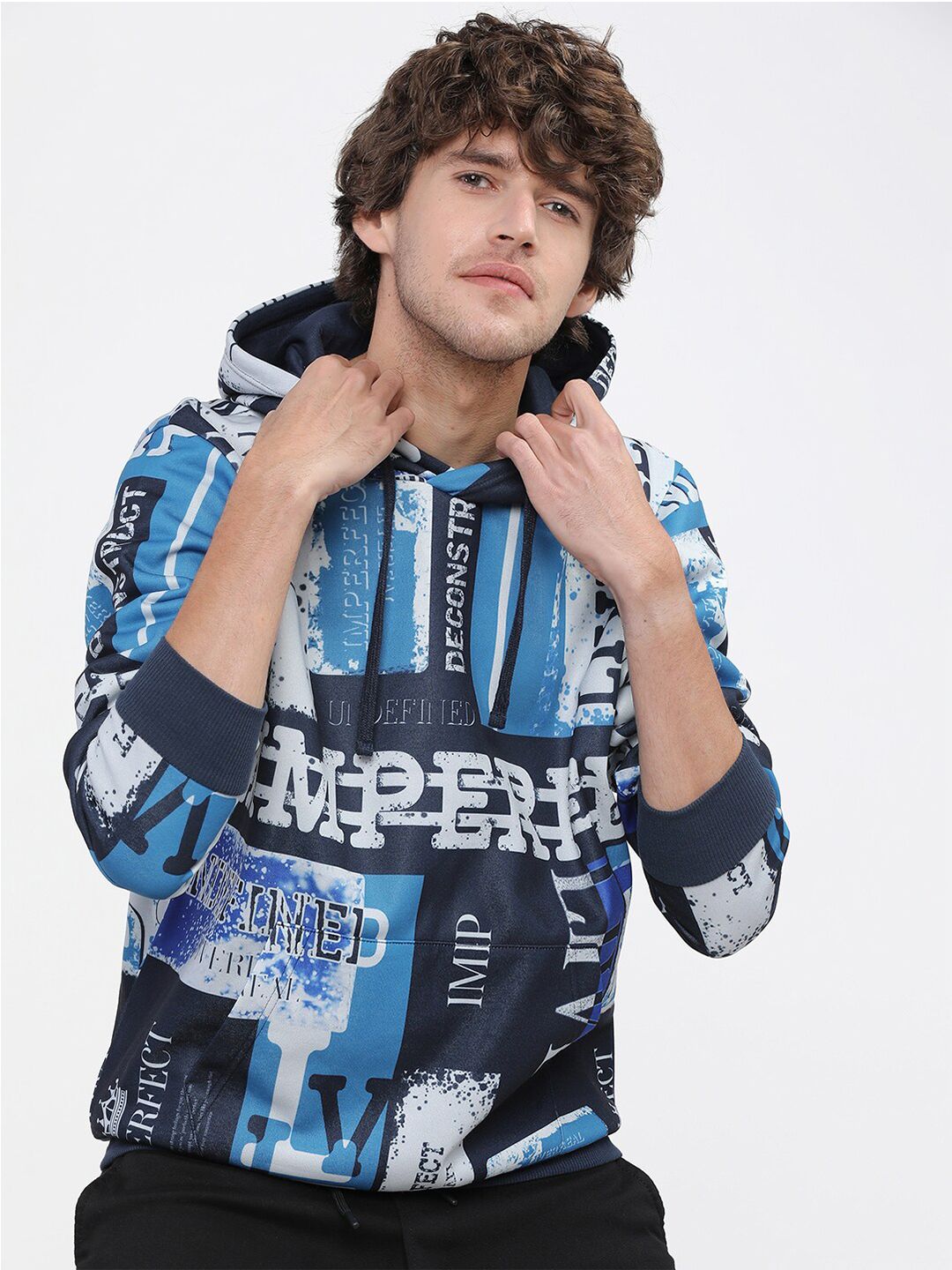 HIGHLANDER Men Blue & White Printed Hooded Sweatshirt