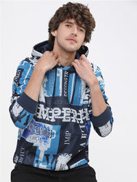 HIGHLANDER Men Blue & White Printed Hooded Sweatshirt