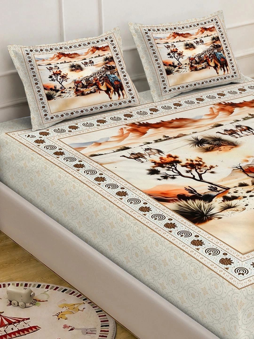 KLOTTHE Cream-Coloured Conversational 400 TC King Bedsheet with 2 Pillow Covers