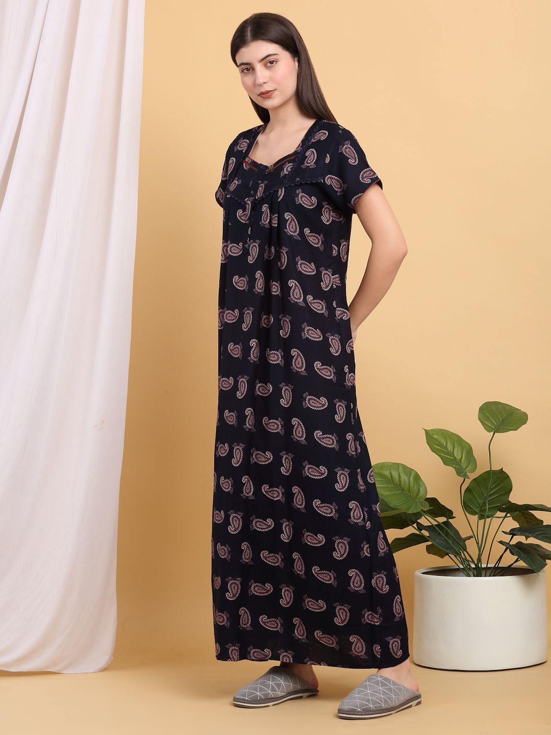 Sweet Dreams Ethnic Motifs Print Square Neck Maxi Nightdress