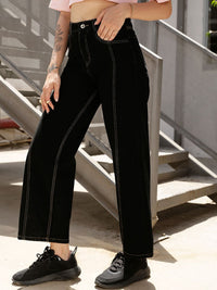 STREET 9 Women Black Relaxed Straight Leg Loose Fit High-Rise Pure Cotton Trousers