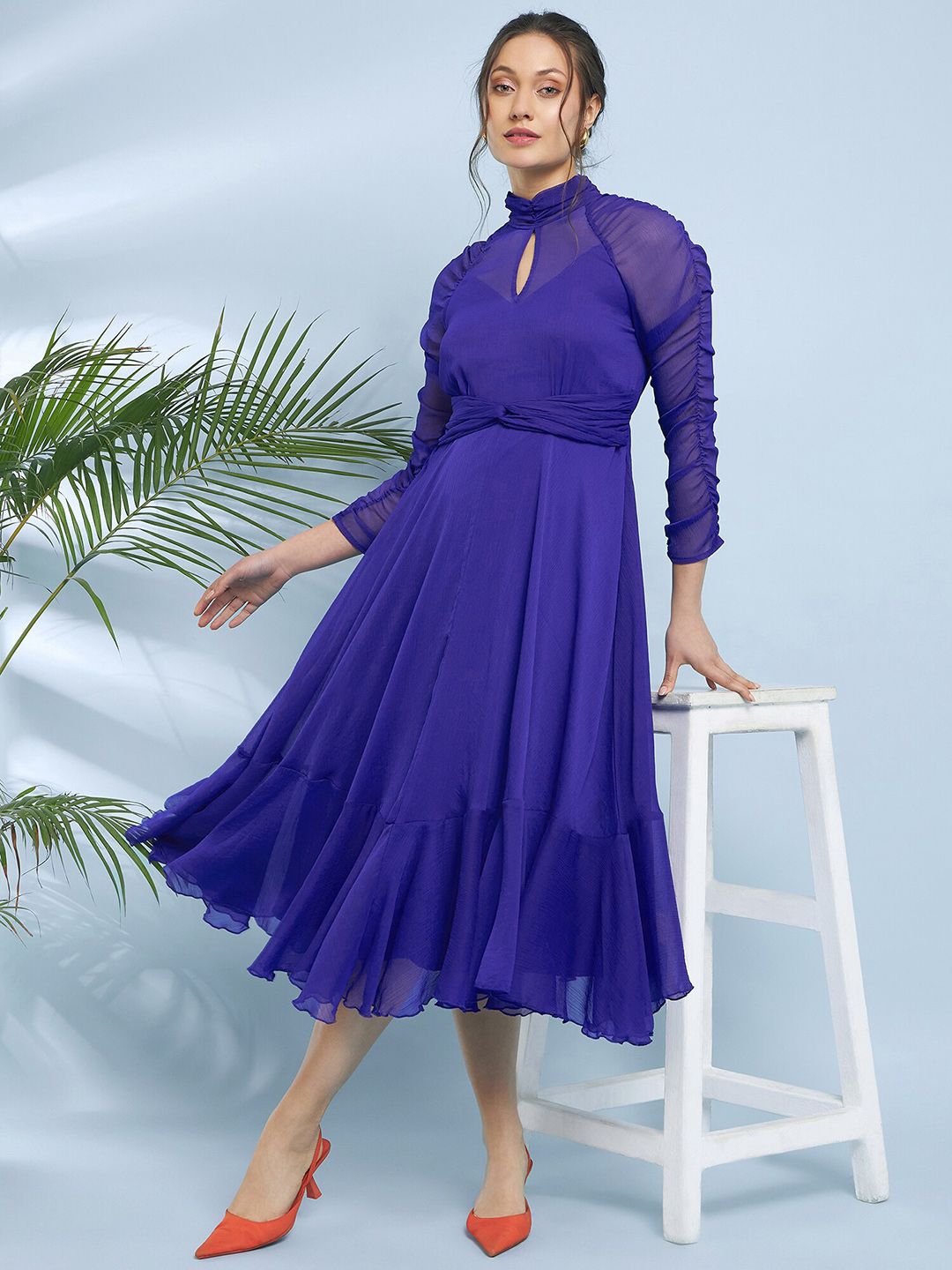 Antheaa Choker Neck Chiffon Fit & Flare Midi Dress