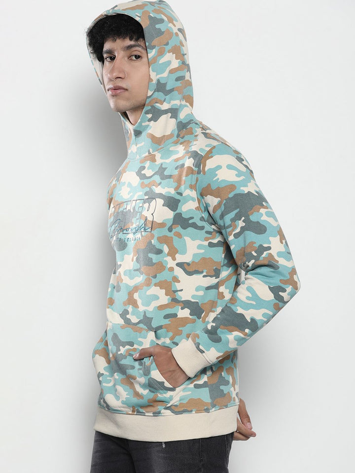 The Indian Garage Co Men Beige & Turquoise Blue Printed Hooded Sweatshirt