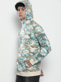 The Indian Garage Co Men Beige & Turquoise Blue Printed Hooded Sweatshirt