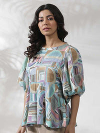 W Geometric Printed Puffed Sleeves Top