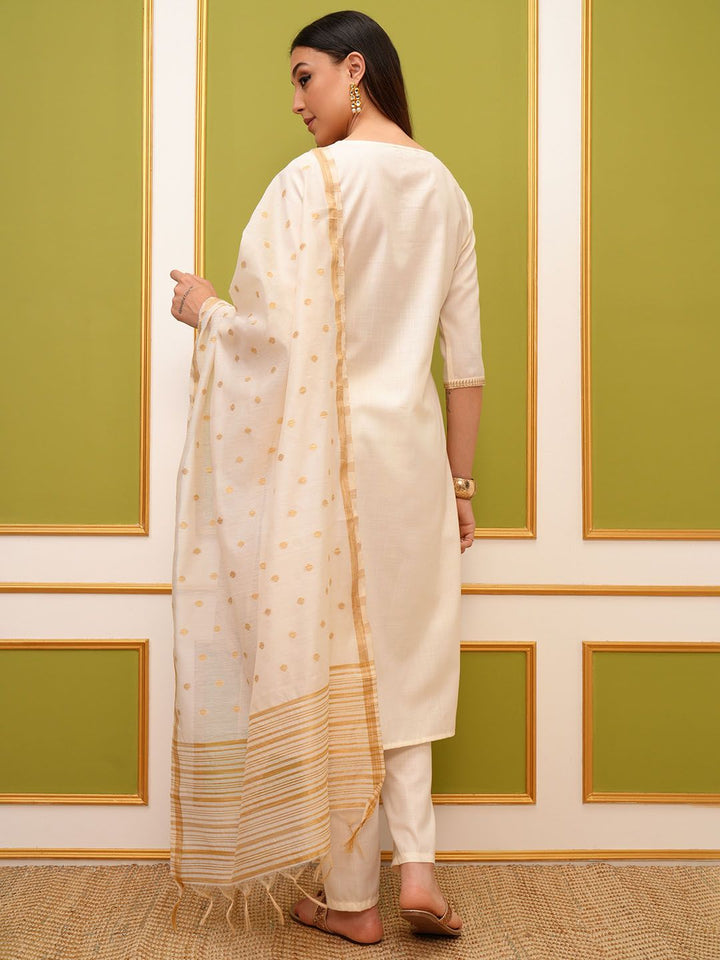 Vishudh Cream Regular Thread Work Kurta with Trousers & With Dupatta