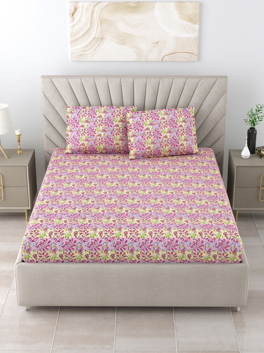 BOMBAY DYEING Dream Lover Violet Floral Cotton 104 TC Queen Bedsheet Set 2.54 x 2.24m