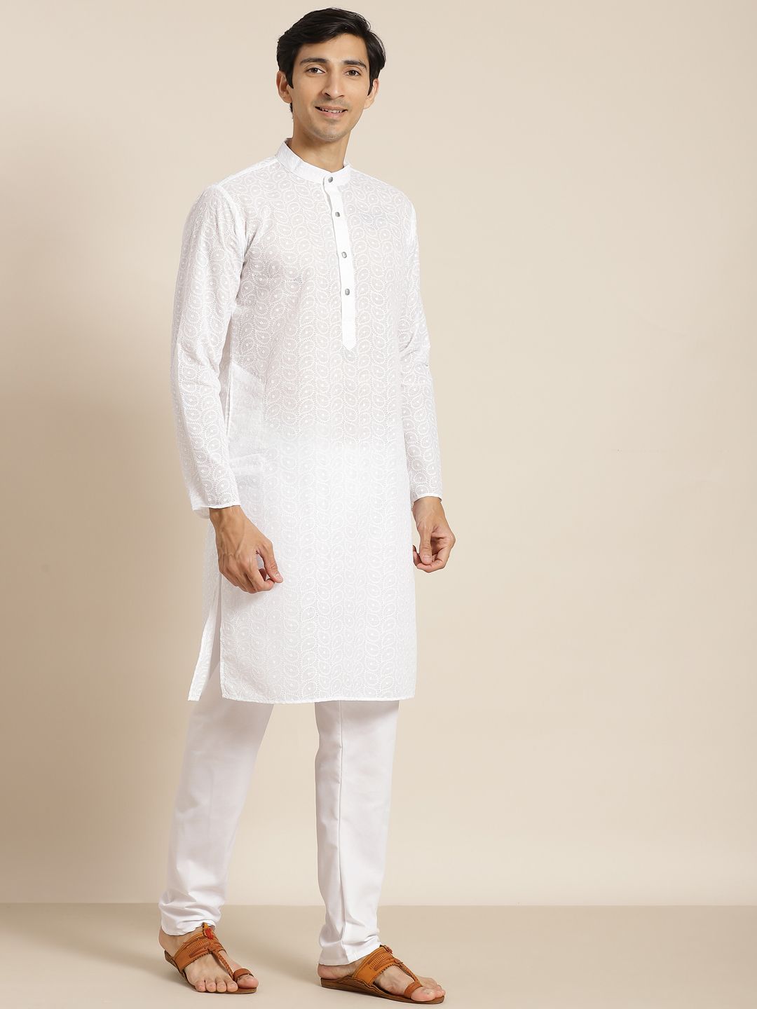 SOJANYA Men White Chikankari Pure Cotton Kurta with Churidar & Nehrujacket