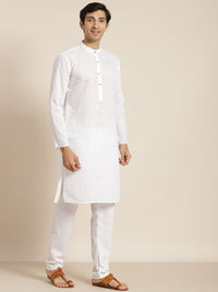 SOJANYA Men White Chikankari Pure Cotton Kurta with Churidar & Nehrujacket