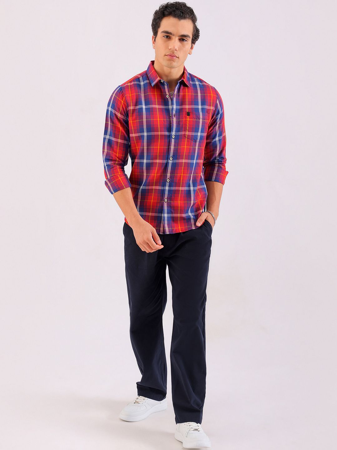 The Indian Garage Co Men Red Tartan Checked Cotton Casual Shirt