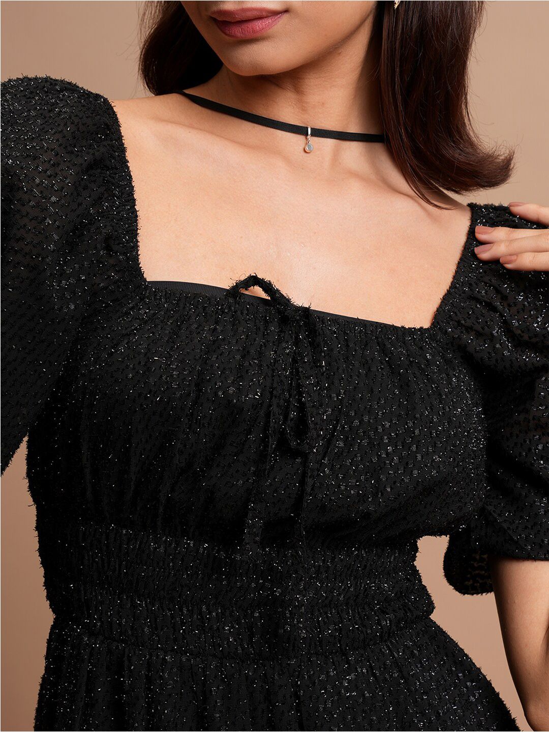 Tokyo Talkies Black Self Design A-Line Dress