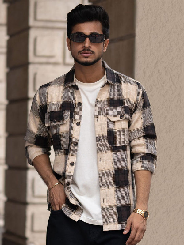 Lelaki Powerlook Menyebarkan Kolar Tartan Memeriksa Baju Kasual Kapas