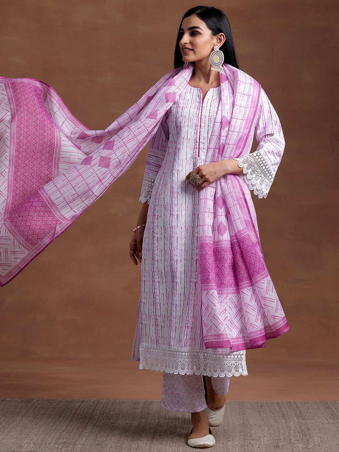 Libas Notched Neck Flared Sleeves Floral Embroidered Straight Kurta with Palazzo & Dupatta
