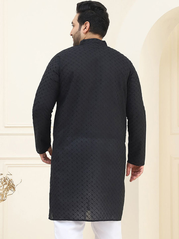 SOJANYA PLUS Size Lelaki Hitam Sulam Kurta Kapas Tulen