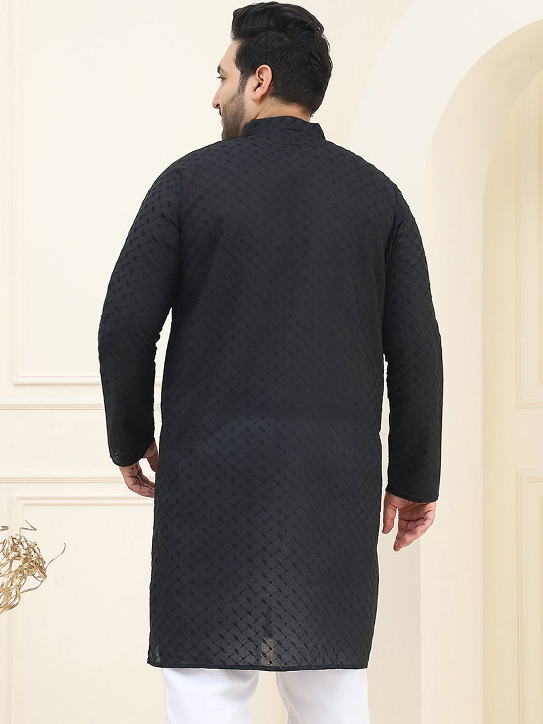 SOJANYA PLUS Size Lelaki Hitam Sulam Kurta Kapas Tulen
