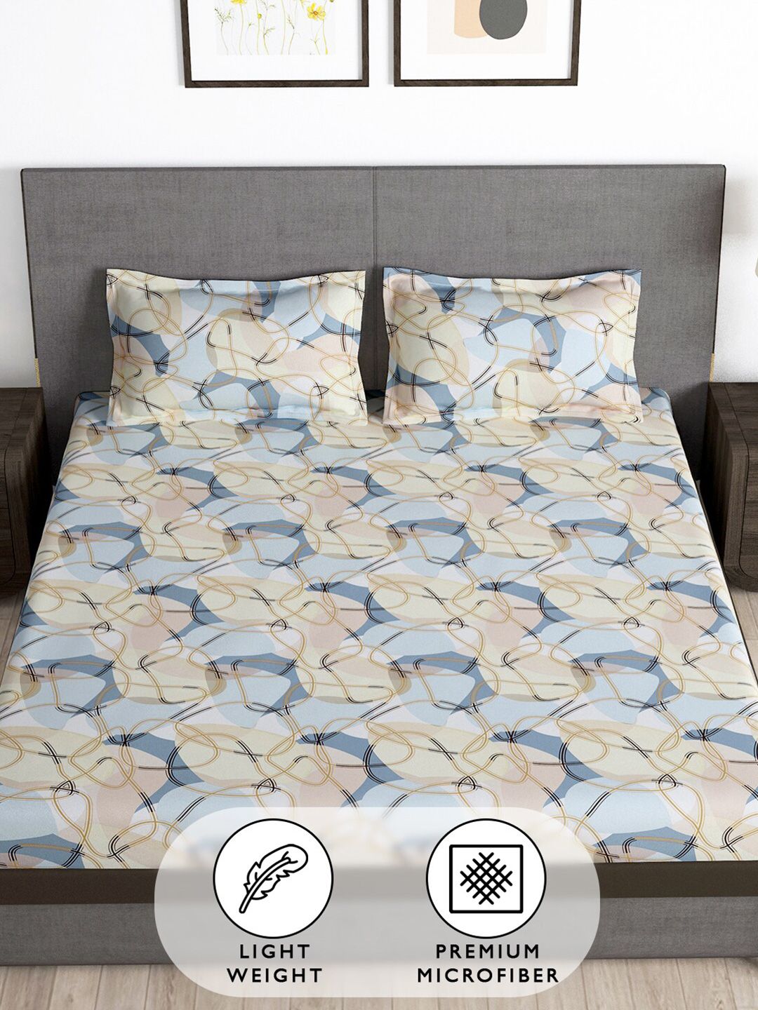 Story@home Cream & Blue Geometric 180 TC Queen Bedsheet with 2 Pillow Covers