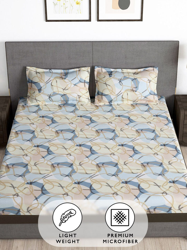 Story@home Cream & Blue Geometric 180 TC Queen Bedsheet with 2 Pillow Covers