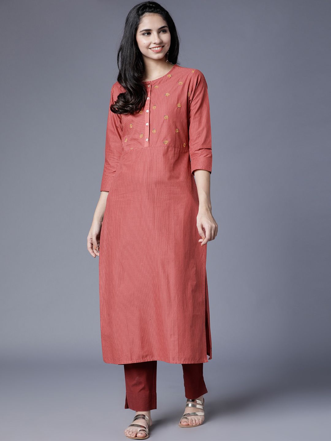 Vishudh Women Rust Striped Straight Kurta