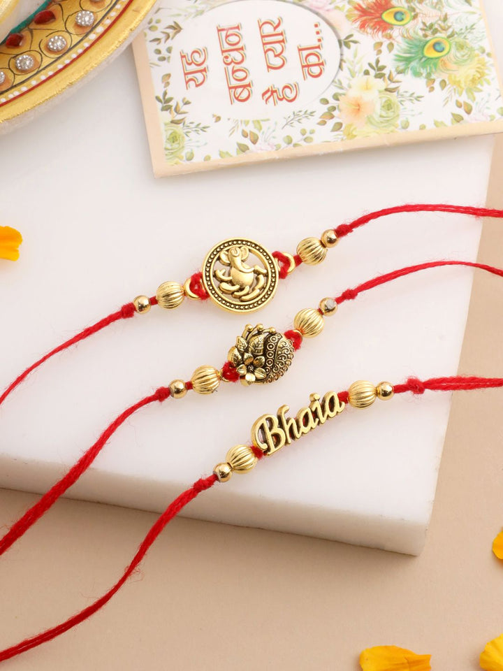 NVR Unisex Set of 3 Gold Toned Thread Rakhi with Roli Chawal Chandan Mishri