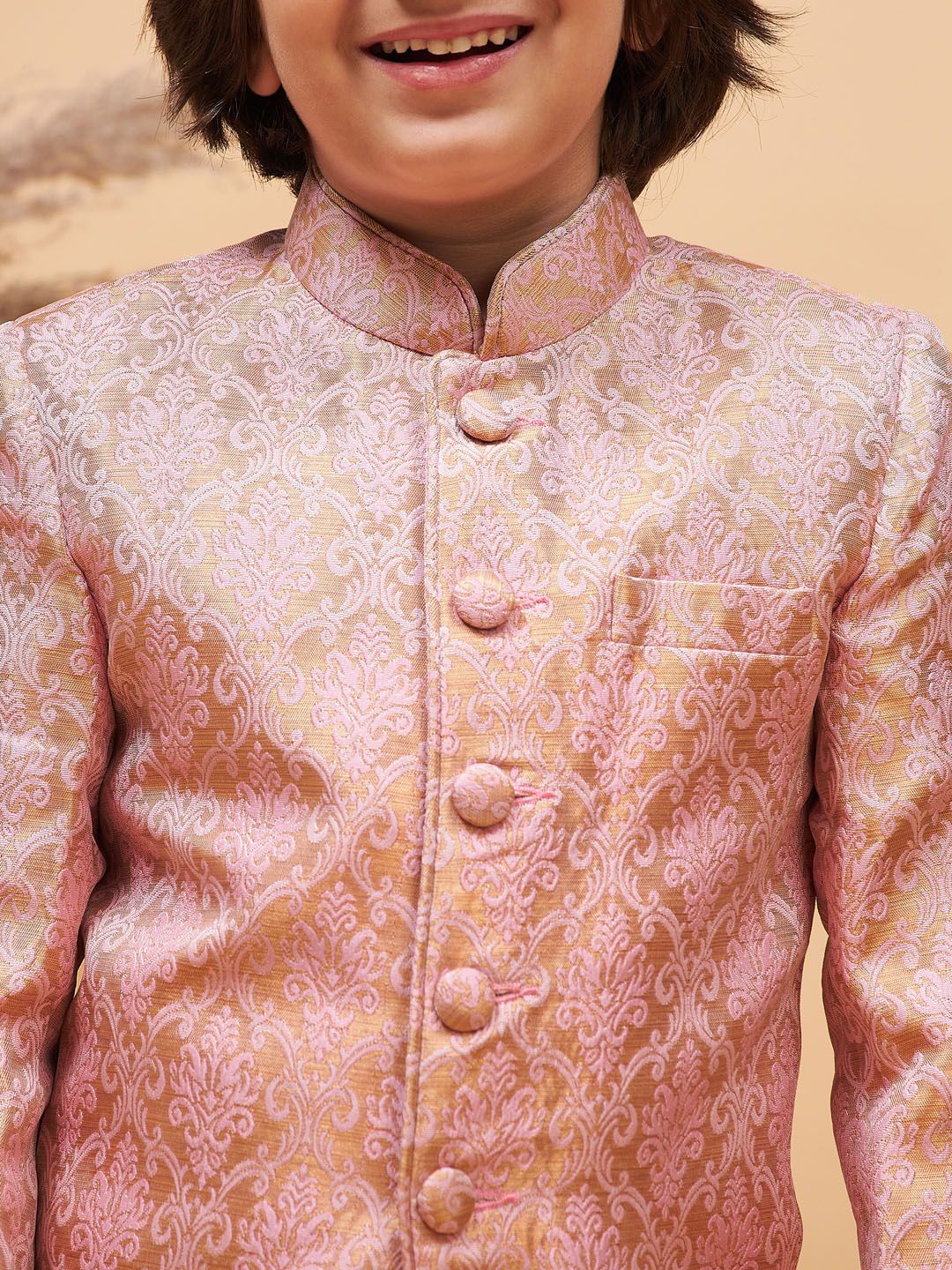 VASTRAMAY Boys Self Design Mandarin Collar Slim-Fit Silk Bandhgala Blazer