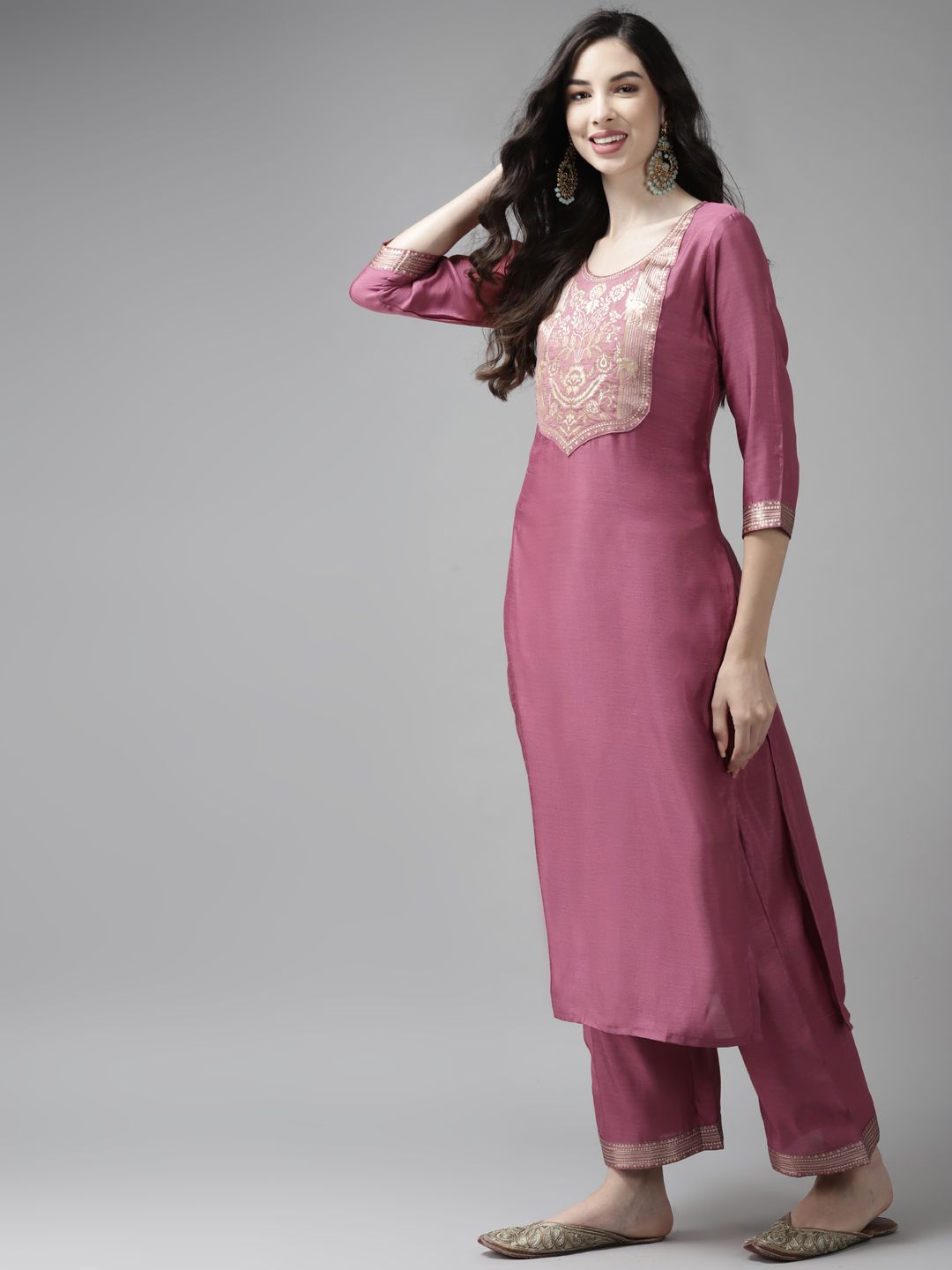Indo Era Women Pink Yoke Design Regular Kurta with Palazzos & Dupatta