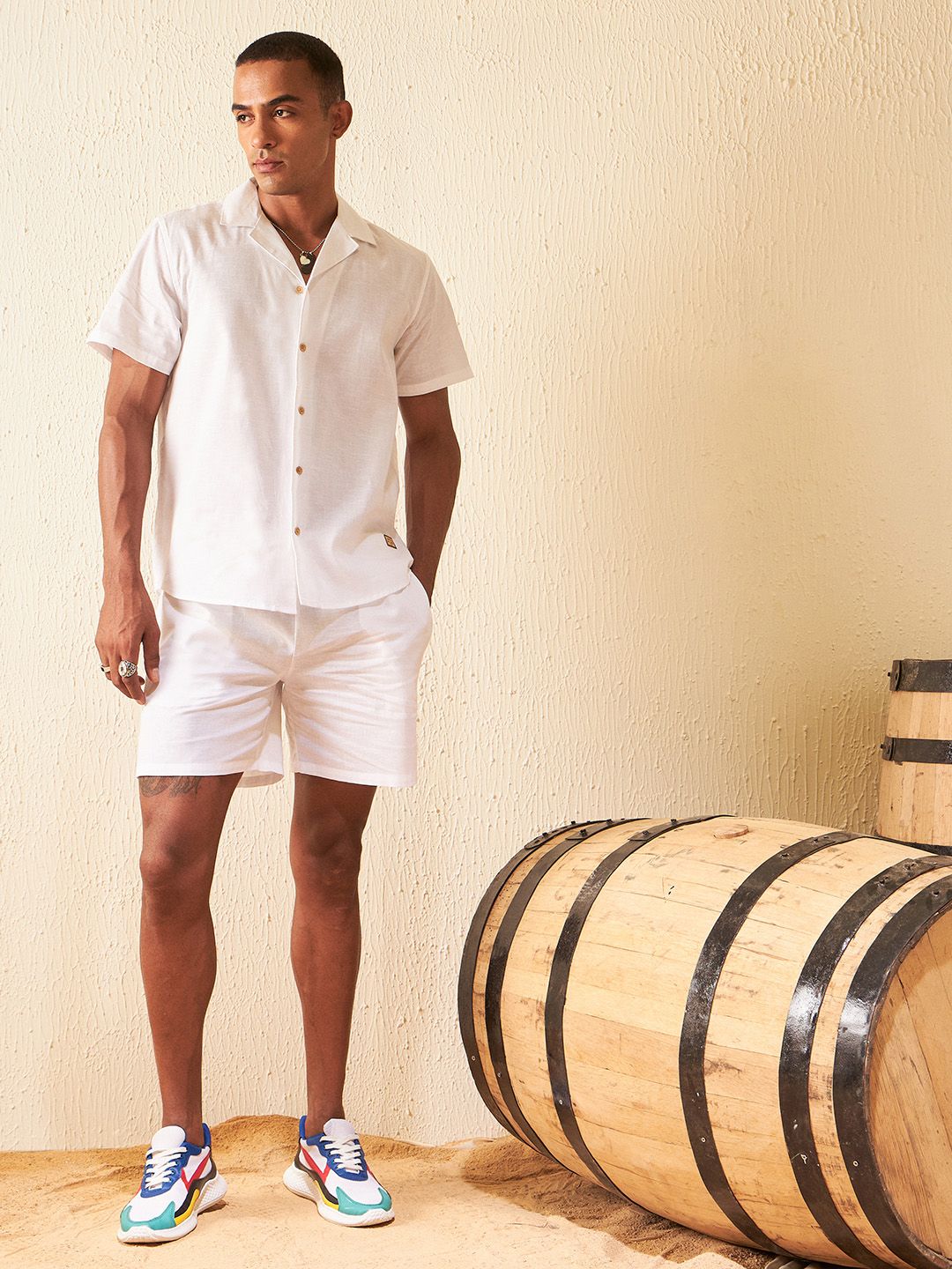 Dennison Solid Cuban Collar Comfort Fit Shirt With Shorts Co-ords