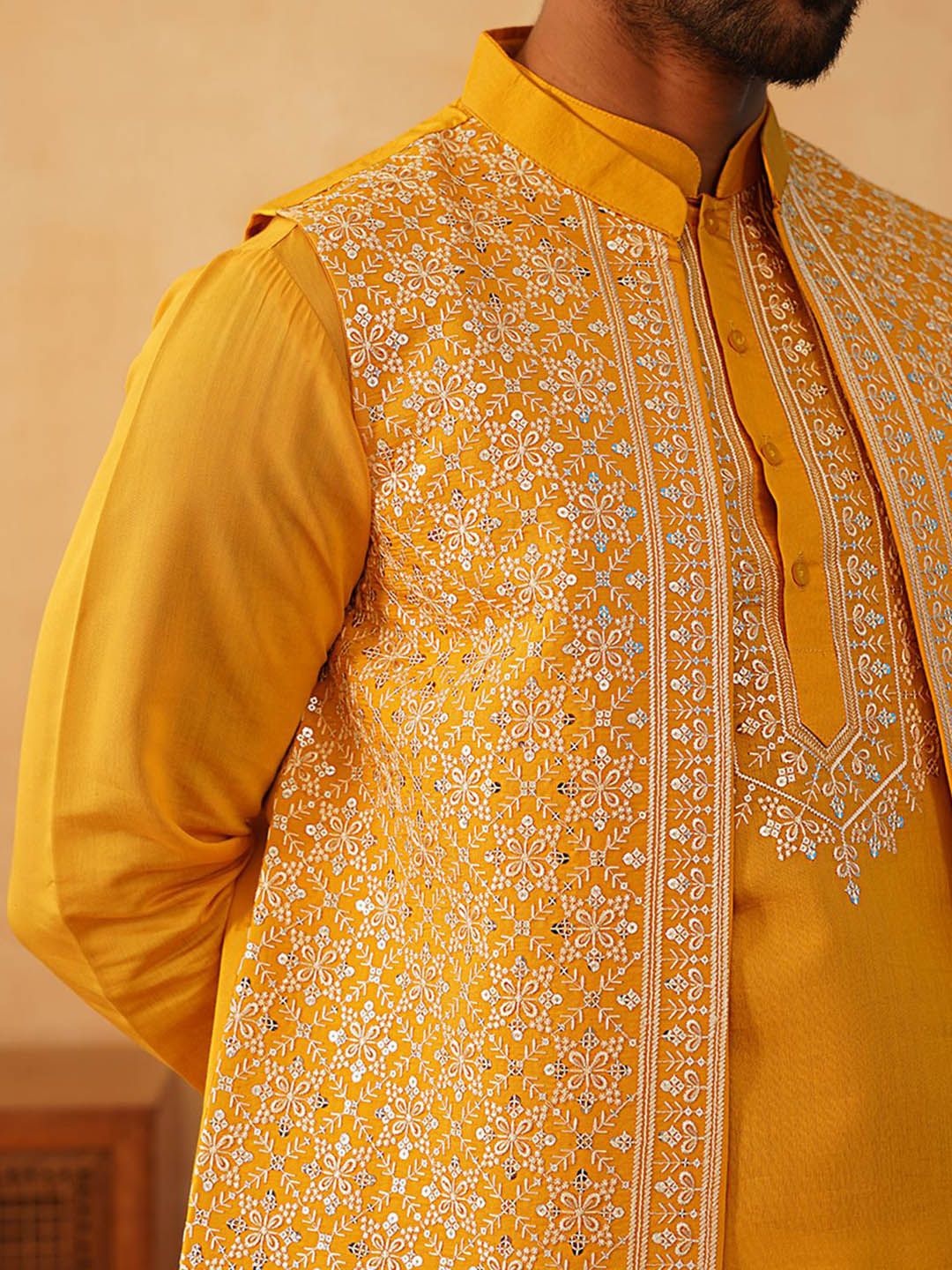 Jompers Floral Yoke Design Sequinned Regular Kurta with Pyjamas & Embroidered Waistcoat