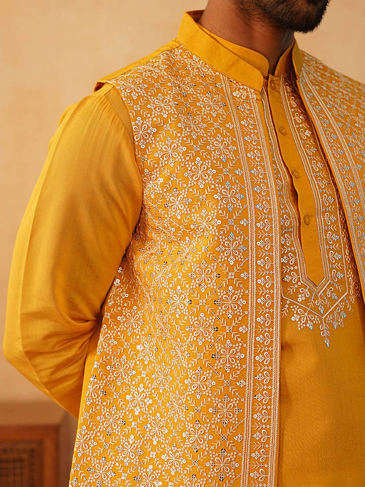 Jompers Floral Yoke Design Sequinned Regular Kurta with Pyjamas & Embroidered Waistcoat