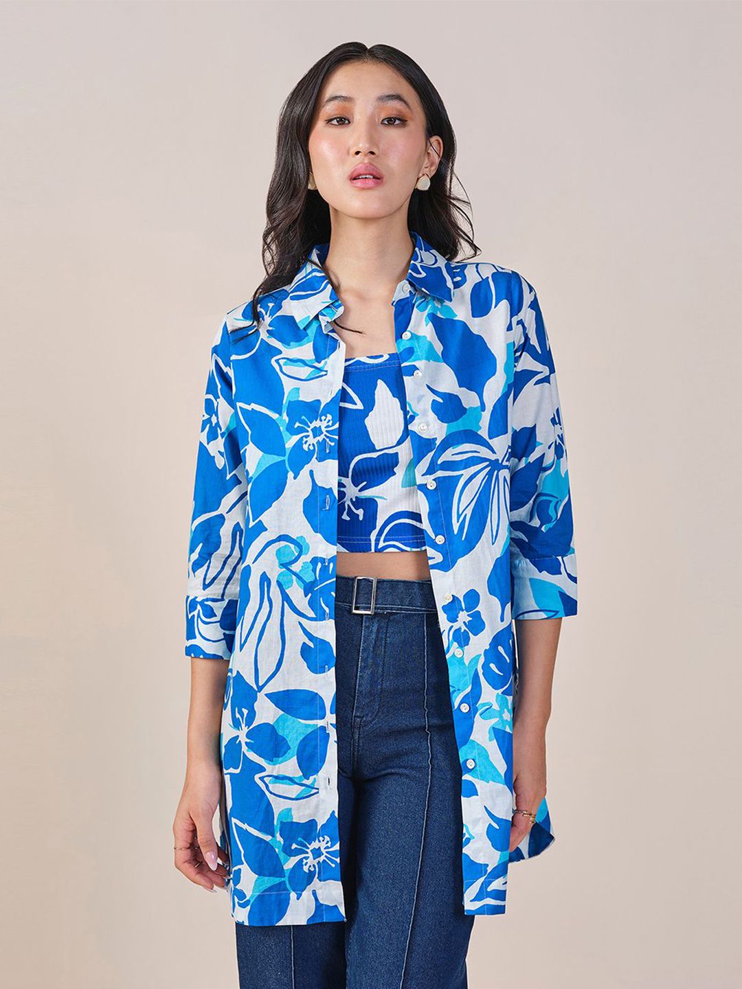 AND Floral Print Cotton Shirt Style Longline Cotton Top