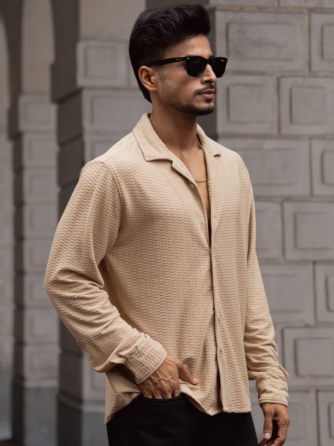 Powerlook Men Cuban Collar Textured Relaxed Fit Casual Shirt