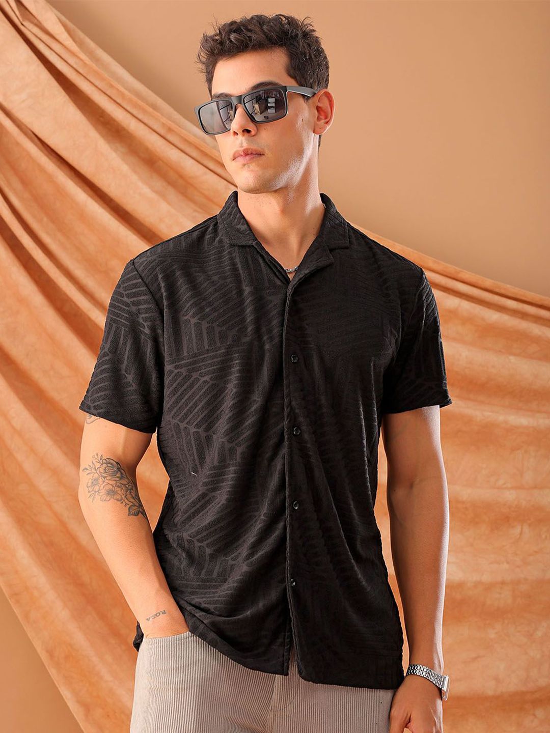 The Indian Garage Co Men Slim Fit Textured Terry Knit Resortwear Shirt