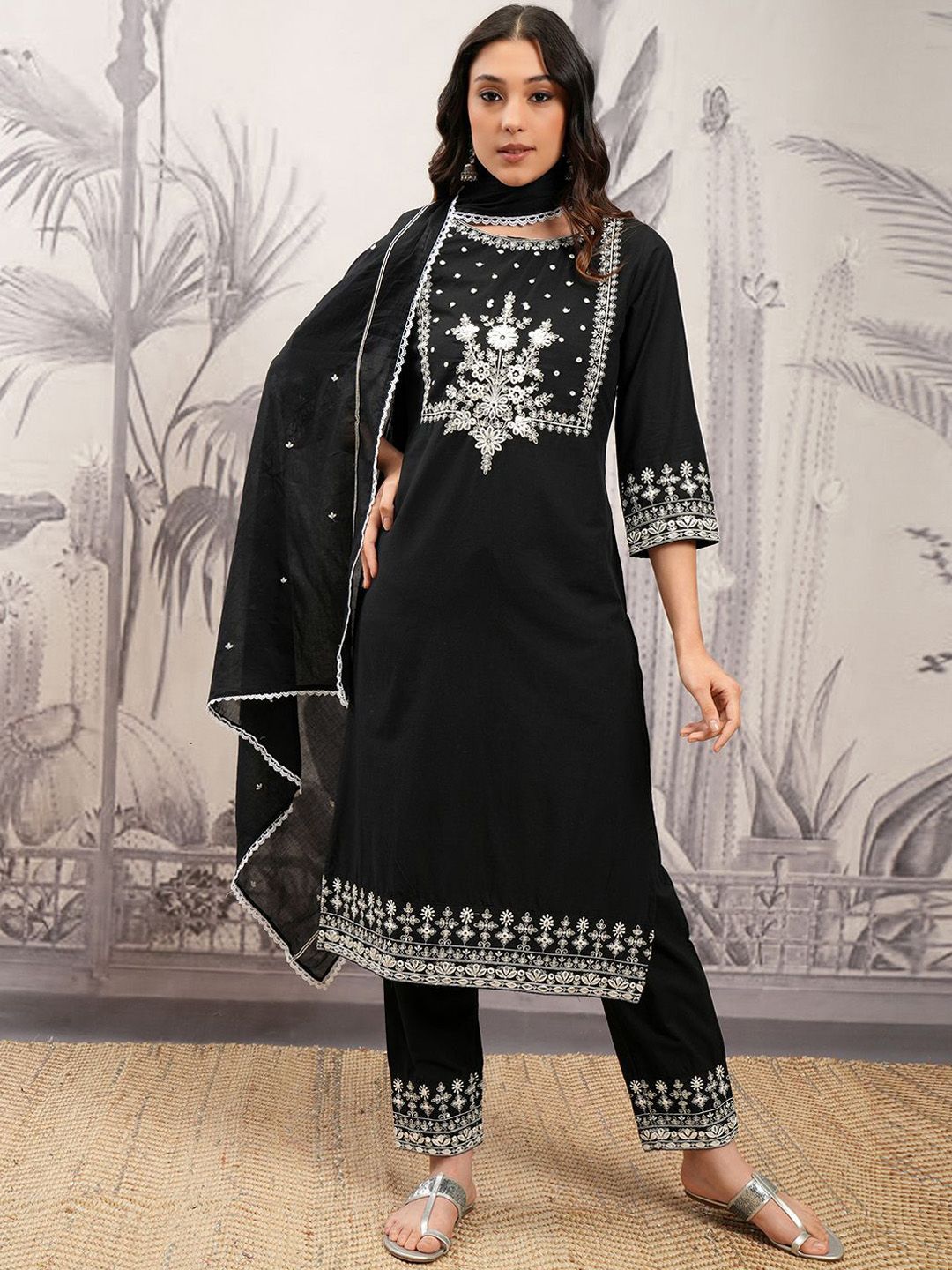 Vishudh Black Floral Embroidered Regular Pure Cotton A-Line Kurta With Trousers & Dupatta