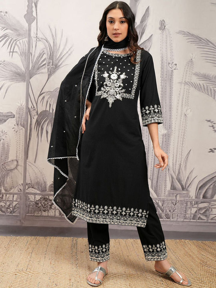 Vishudh Black Floral Embroidered Regular Pure Cotton A-Line Kurta With Trousers & Dupatta