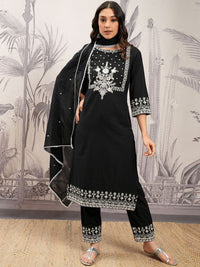 Vishudh Black Floral Embroidered Regular Pure Cotton A-Line Kurta With Trousers & Dupatta