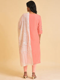 W Pink Floral Printed Thread Work Pure Cotton Kurta With Leggings with Dupatta