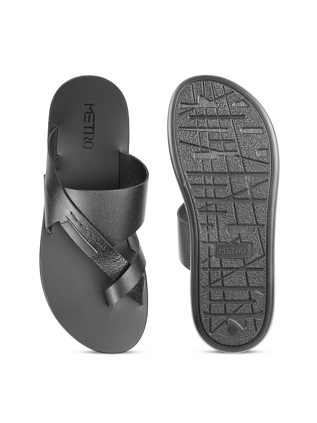Metro Men Black Leather Comfort Sandals