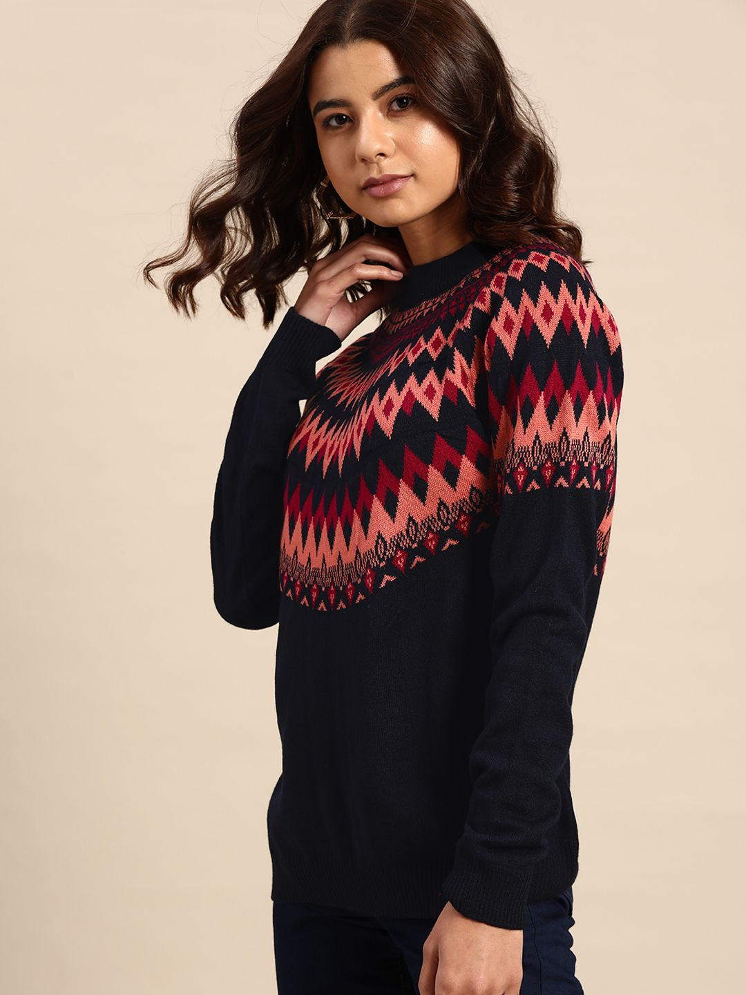 all about you Women Navy Blue & Pink Fair Isle Pattern Pullover