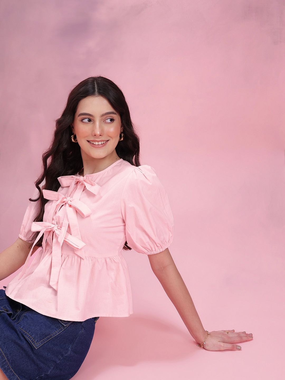 DressBerry Bow Tie-Ups Cotton Peplum Top
