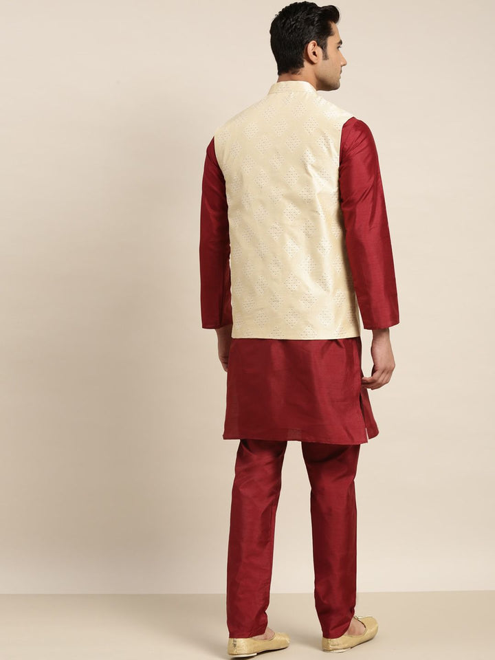 SOJANYA Mandarin Collar Straight Kurta with Pyjamas with Woven Design Nehru Jacket