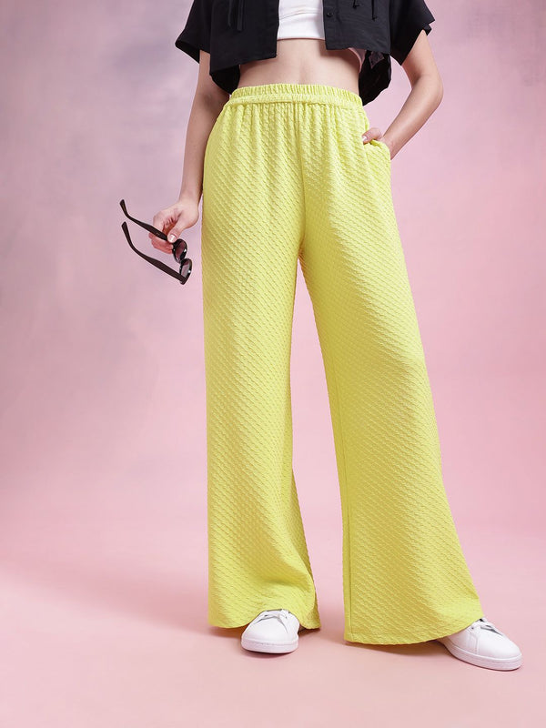 DressBerry Women Geometric Textured Mid-Rise Wide Leg Flared Trousers