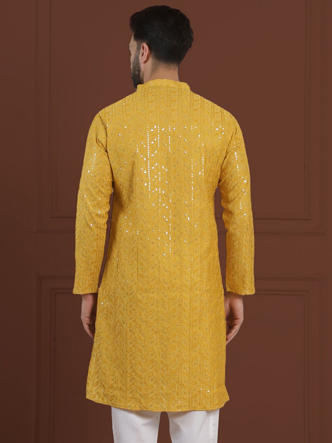 SOJANYA LUXE Floral Embroidered Sequinned Mandarin Collar Cotton Silk Straight Kurta