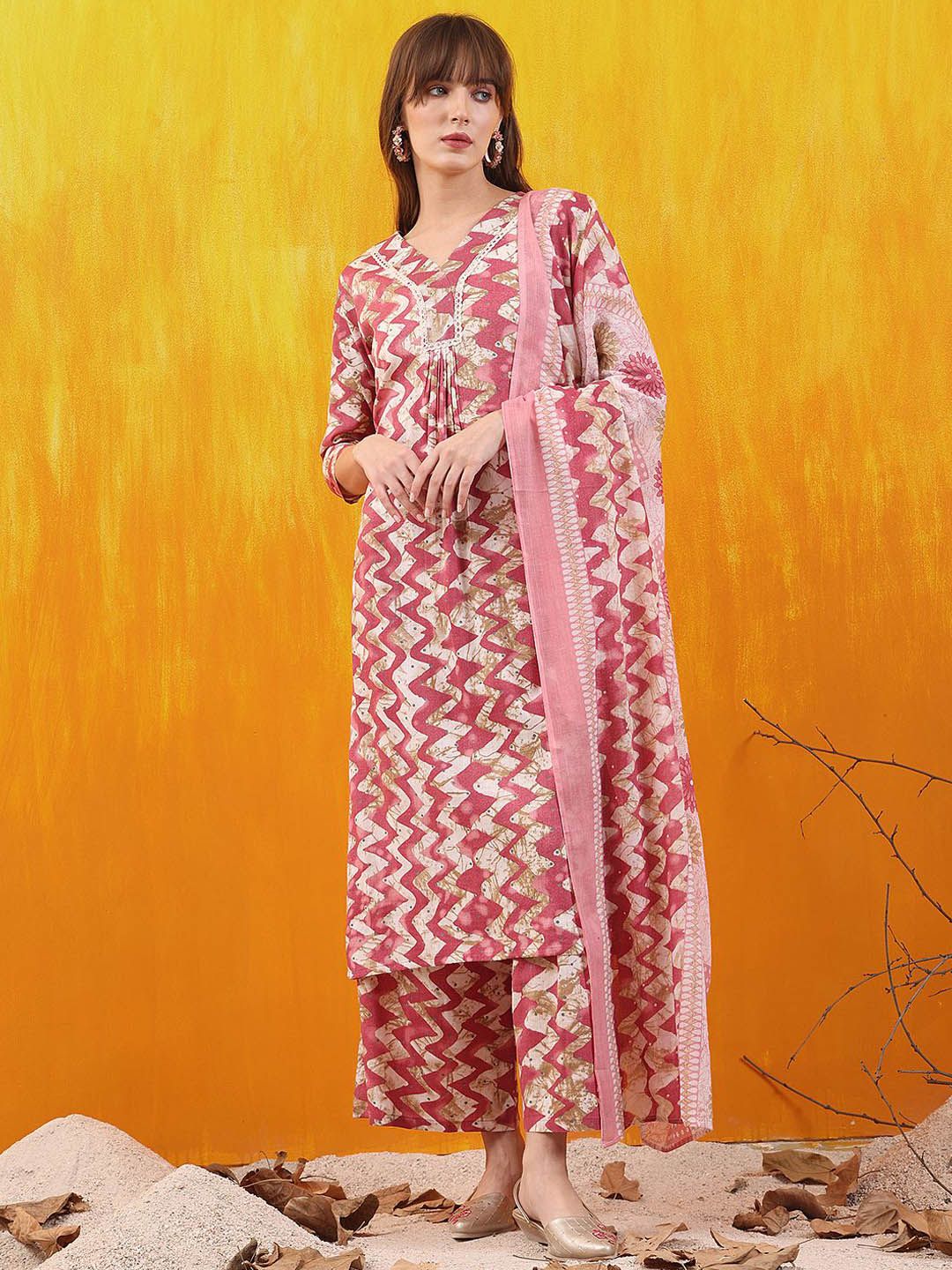 KALINI Chevron Printed V-Neck Straight Kurta With Palazzo And Dupatta