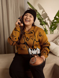 Berrylush Curve Women Graphic Printed Round Neck Long Sleeves Pullover Sweater