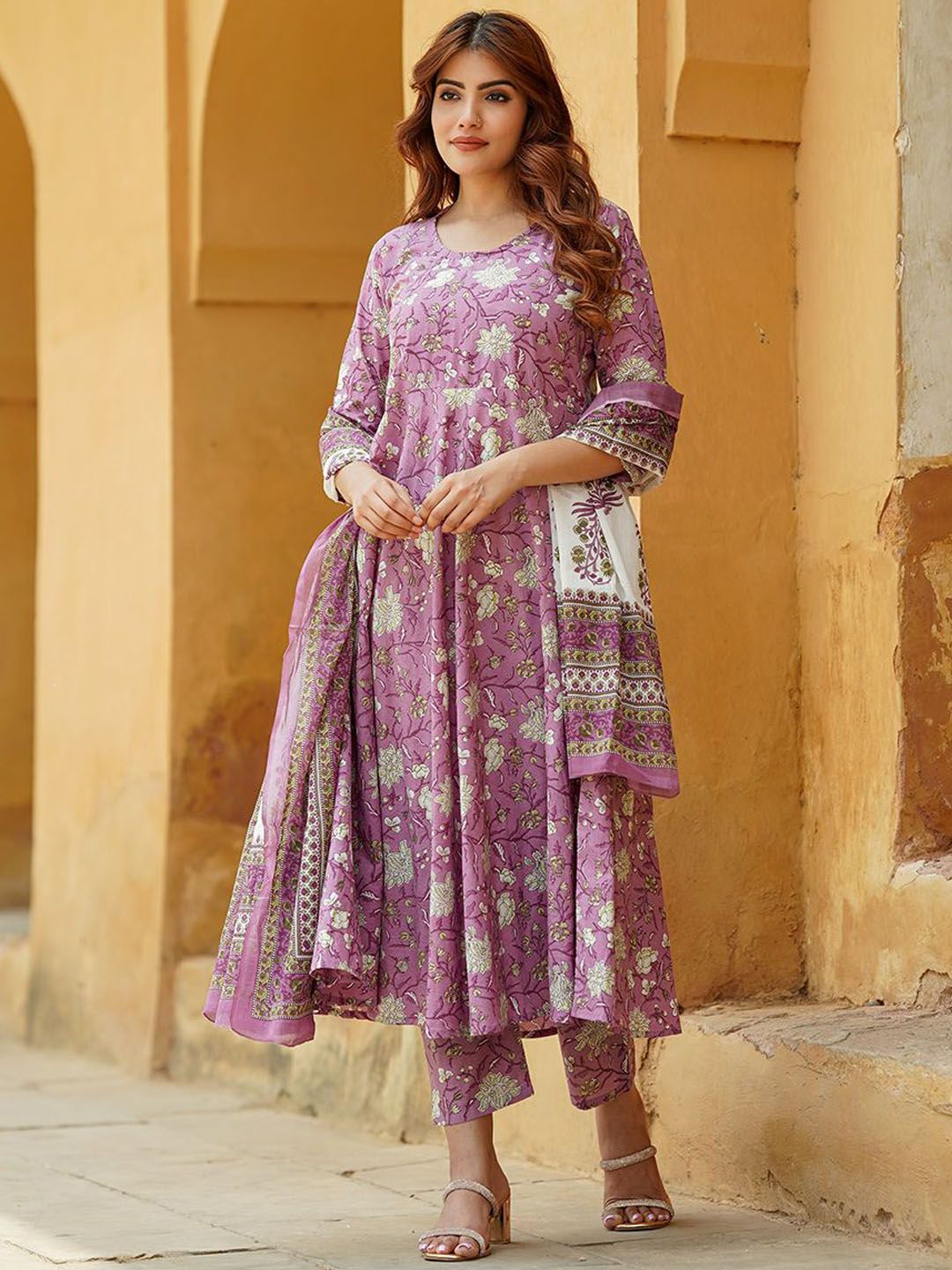 KALINI Floral Printed Regular Pure Cotton Anarkali Kurta with Trousers & Dupatta