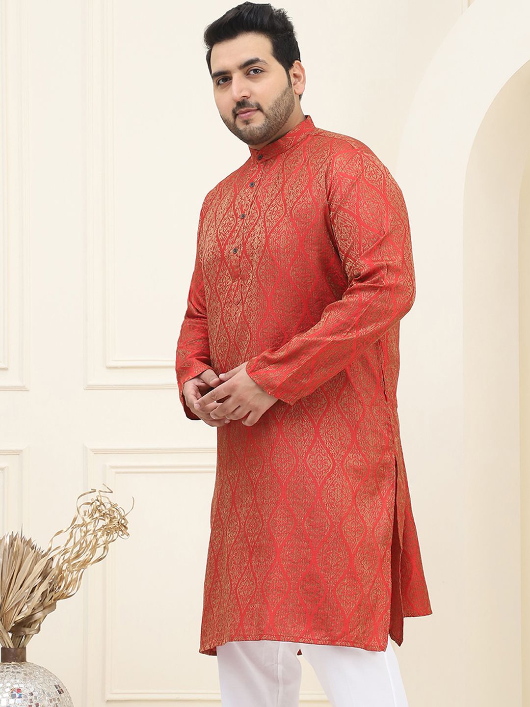 SOJANYA Plus Geometric Woven Design Mandarin Collar Long Sleeve Cotton Silk Straight Kurta