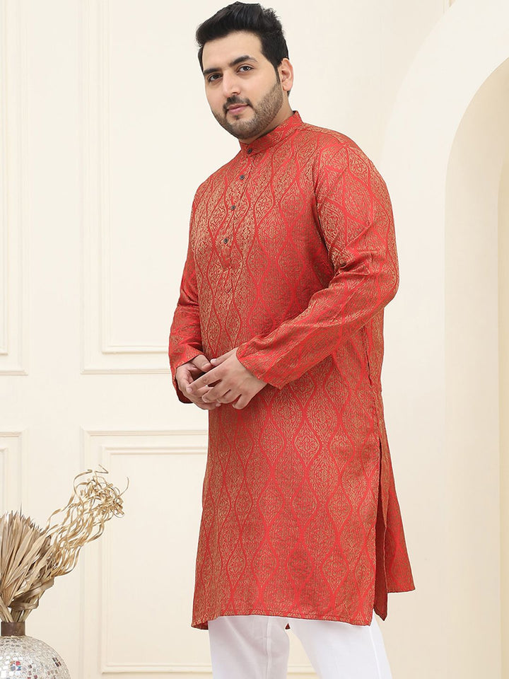 SOJANYA Plus Geometric Woven Design Mandarin Collar Long Sleeve Cotton Silk Straight Kurta