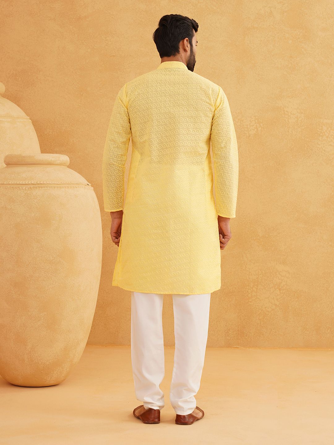 SOJANYA Lelaki Motif Etnik Kapas Tulen Sulam Kurta Chikankari