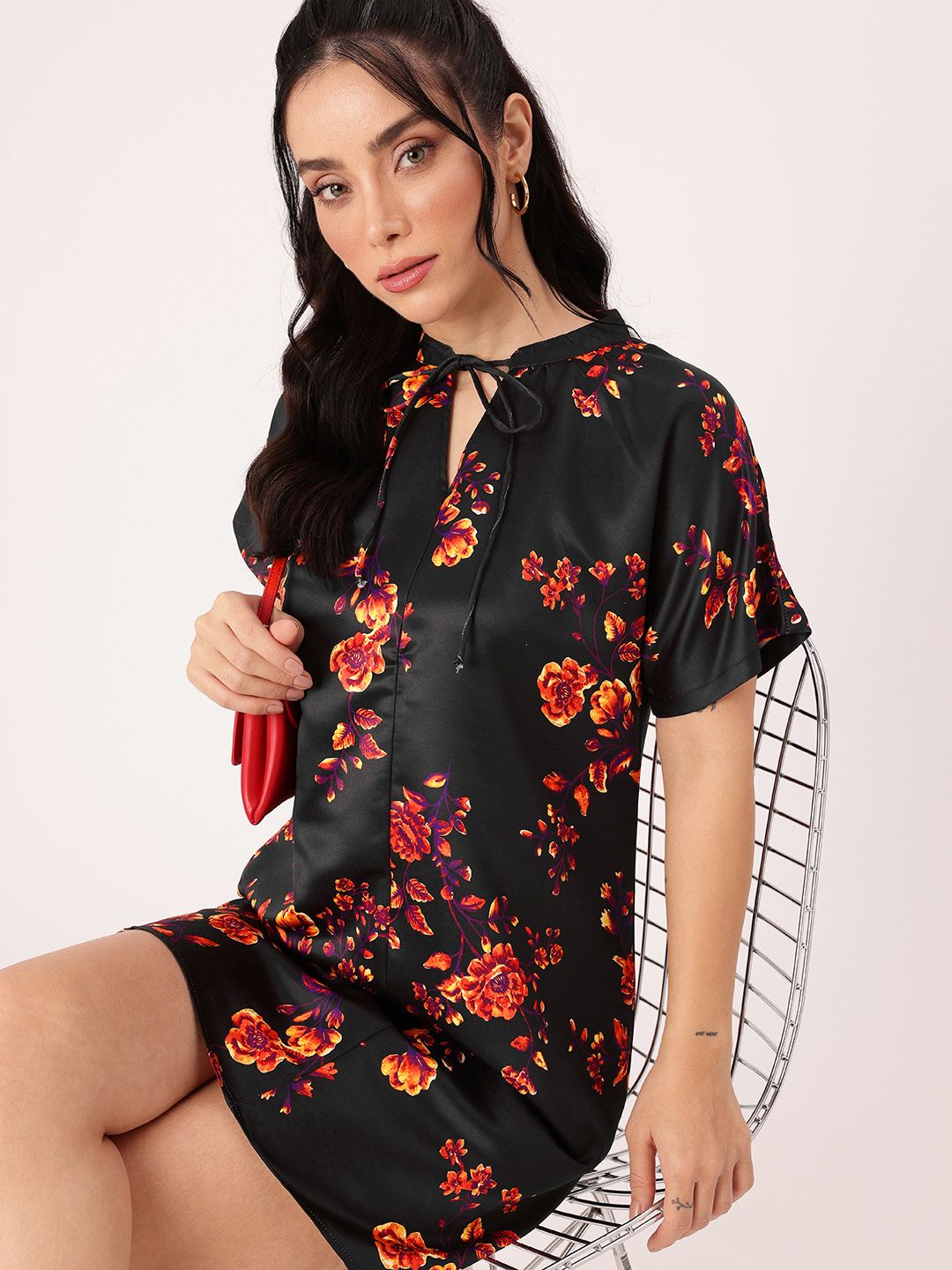 DressBerry Playful flower Printed Tie-Up Neck A-Line Mini Dress