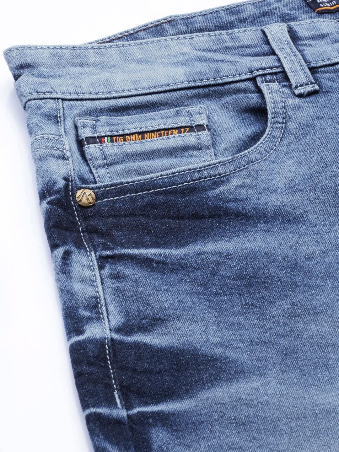 The Indian Garage Co Men Blue Mildly Distressed Light Fade Cropped Stretchable Jeans